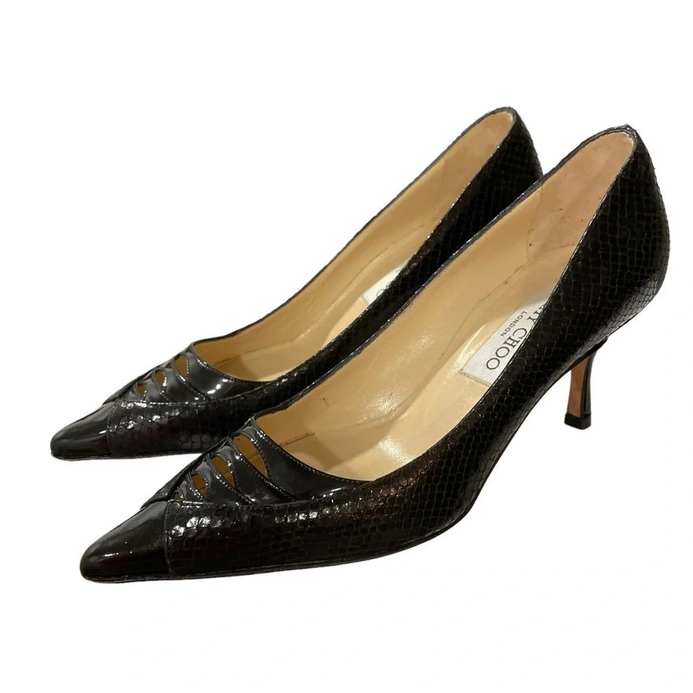 JIMMY CHOO Black Snake Print Cap Toe Pumps Heels EU 35